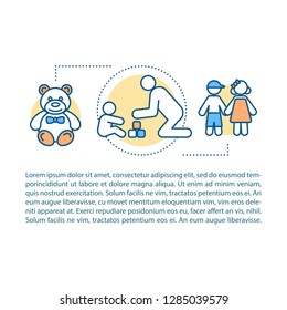 Playing with child concept linear illustration. Childhood. Article, brochure, magazine page. Teddy bear, father, kid, children. Thin line icons with text. Print design. Vector isolated outline drawing