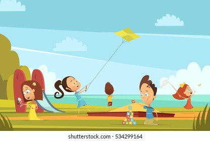 Playing children cartoon background with outdoor summer activities symbols vector illustration 