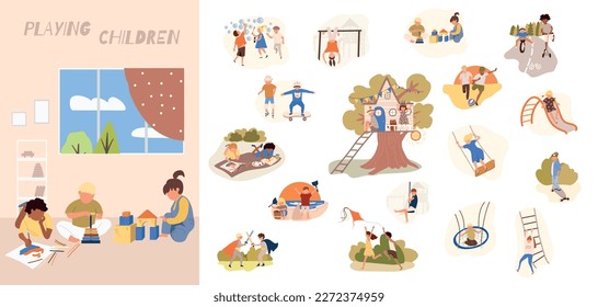 Playing children composition set with pastime and leisure symbols flat isolated vector illustration