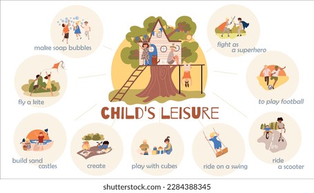 Playing children infographic set with kid leisure symbols flat vector illustration