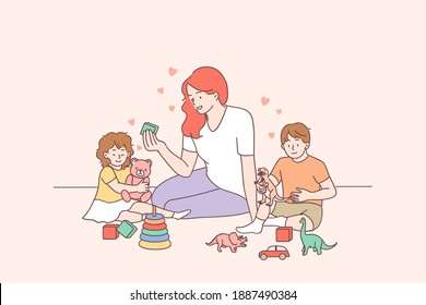 Playing with children, nanny, mother concept. Young smiling woman teacher and happy toddlers children boy and girl building pyramid using hoops at kindergarten or at home vector illustration 