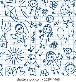 Playing children on math paper. Vector seamless pattern.
