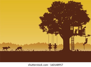 Playing Children Silhouette At Park, Vector