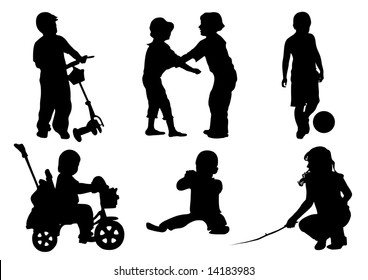 Playing Children Silhouettes on the white background