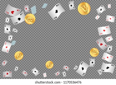 Playing Chips and Bitcoins falling on transparent background. Vector illustration