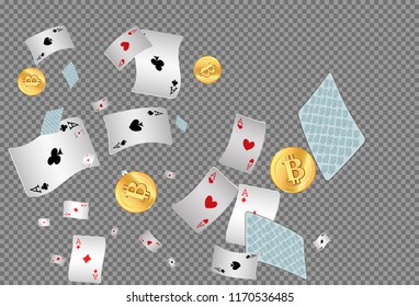 Playing Chips and Bitcoins falling on transparent background. Vector illustration
