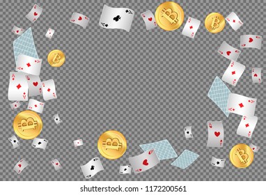 Playing Chips and Bitcoins falling on transparent background. Vector illustration