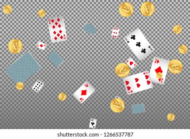 Playing Chips and Bitcoins falling on transparent background. Vector illustration
