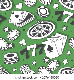 Playing chips and cards seamless pattern. Colorful background vector. Hand drawn overlapping backdrop. Decorative wallpaper, good for printing