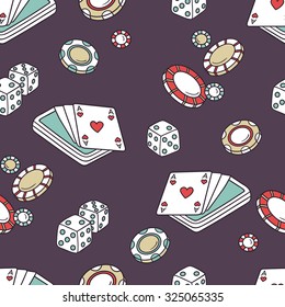 Playing chips and cards seamless pattern. Doodle backdrop vector. Game icons and casino icons on purple background. Sketch objects. Decorative wallpaper, good for printing. Wrapping design