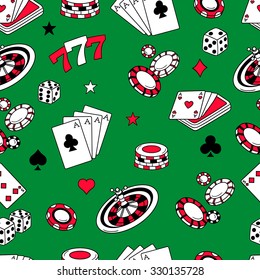 Playing chips and cards seamless pattern. Doodle backdrop vector. Game icons and casino icons on green background. Sketch objects. Decorative wallpaper, good for printing. Wrapping design