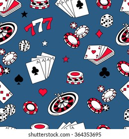 Playing chips and cards seamless pattern. Colorful backdrop vector. Game icons and casino icons on navy blue background. Sketch objects. Decorative wallpaper, good for printing. Wrapping design