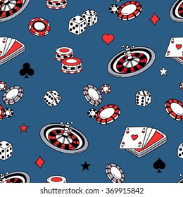 Playing chips and cards seamless pattern. Colorful backdrop vector. Game icons and casino icons on navy blue background. Sketch objects. Decorative wallpaper, good for printing. Wrapping design