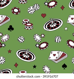 Playing chips and cards seamless pattern. Colorful backdrop vector. Game icons and casino icons on green background. Sketch objects. Decorative wallpaper, good for printing. Wrapping design