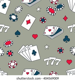 Playing chips and cards seamless pattern. Colorful backdrop vector. Game icons and casino icons on gray background. Decorative wallpaper, good for printing. Wrapping design