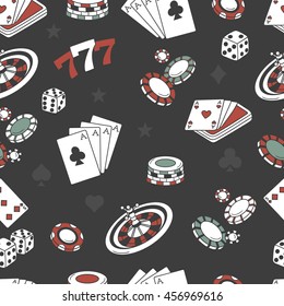 Playing chips and cards seamless pattern. Doodle background vector. Game icons and casino icons on black background. Sketch objects