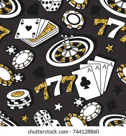 Playing chips and cards seamless pattern. Colorful background vector. Hand drawn overlapping backdrop. Decorative wallpaper, good for printing