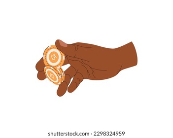 Playing chips in hands flat illustration. Trick with chips. Magician. Black-skinned player in casino. Vector illustration for gambling industry Cards, rules and web banners for online casino.