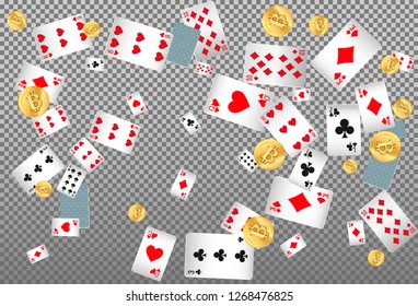 Playing Chips and Money falling on transparent background. Vector illustration