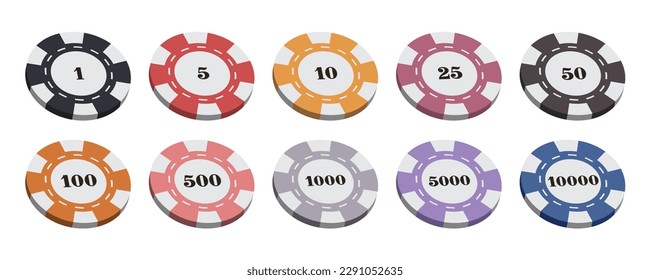 Playing chips with numbers. 3d chips in different positions. A set of chips for gambling. Vector illustration.