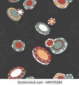 Playing chips  seamless pattern. Doodle background vector. Game icons and casino icons on black background. Sketch objects