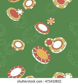 Playing chips seamless pattern. Doodle background vector. Game icons and casino icons on green backdrop. Wallpaper with sketch objects