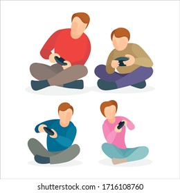 Playing console game. Cartoon characters sitting on the floor and playing game console. Family entertainment at home. 