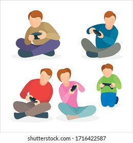 Playing console game. Cartoon characters sitting on the floor and playing game console. Family entertainment at home. 