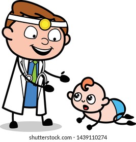 Playing with Crawling Baby - Professional Cartoon Doctor Vector Illustration