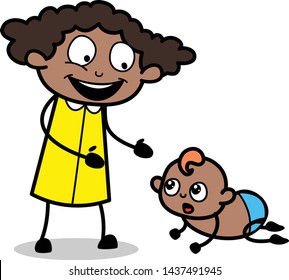 Playing with Crawling Baby - Retro Black Office Girl Cartoon Vector Illustration