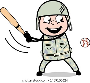 Playing Cricket - Cute Army Man Cartoon Soldier Vector Illustration