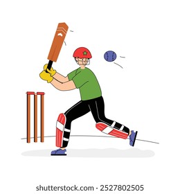 Cricket spielen, Geschicklichkeit und Teamarbeit auf dem Feld zeigen, Cricketer, flache Illustration