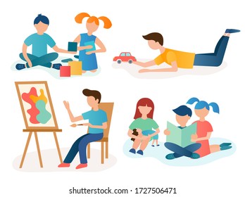 Playing cubes, drawing, reading, playing with dolls children. Children activities, group of children playing concept vector illustration