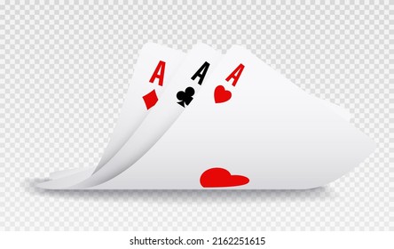 Playing curved cards. Lucky combination in hand of poker player. Three aces, clubs, diamonds, hearts. Elements for gambling, online raffles on website. Realistic isometric vector illustration