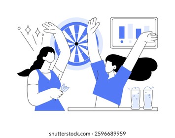 Playing darts isolated cartoon vector illustrations. Group of cheerful friends having fun in pub, people play darts and drink craft beer, eating out in bar, precise shot vector cartoon.