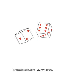Playing dice with hearts. Happy valentine’s day concept for cards, posters and stickers. Simple doodle illustration. Isolated on white background.