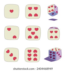 Jugar a los dados con el corazón. Ilustraciones vectoriales. Objetos aislados sobre fondo blanco.