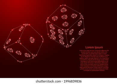 Playing dice, two cubes with dots from futuristic polygonal red lines and glowing stars for banner, poster, greeting card. Vector illustration.