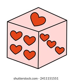 Jugar a los dados en la estilización de San Valentín. Ilustración linda plana vectorial. Dice cubo con corazones.