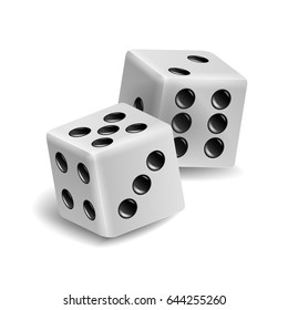 Playing Dice Vector Set. Realistic 3D Illustration Of Two White Dice With Shadow