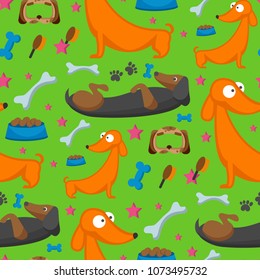 Playing dog character funny purebred puppy comic happy mammal breed animal character seamless pattern background vector illustration.