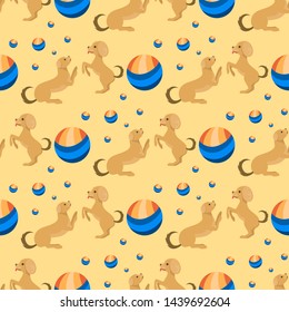 Playing dog character funny purebred puppy comic happy mammal breed animal character seamless pattern background vector illustration.