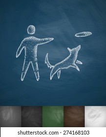 playing with a dog icon. Hand drawn vector illustration. Chalkboard Design