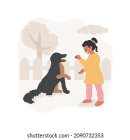 Playing with a dog isolated cartoon vector illustration. Child training puppy, dog sitting and giving paw, receiving tasty reward, kid and dog playing together, execute command cartoon vector.