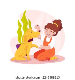 Playing with a dog isolated cartoon vector illustration. Child training puppy, dog sitting and giving paw, receiving tasty reward, kid and dog playing together, execute command vector cartoon.