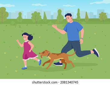 Jugando con perro fuera de la ilustración vectorial de color plano. Visita al parque de perros. Vínculos familiares activos. Padre e hija en funciones con personajes de dibujos animados en 2D para mascotas con paisaje verde sobre el fondo