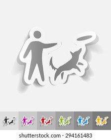 playing with a dog paper sticker with shadow. Vector illustration