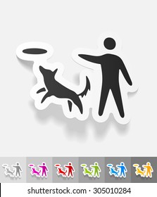 playing with a dog paper sticker with shadow. Vector illustration