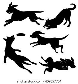 Playing dog silhouettes collection. EPS 10 vector.