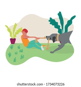 Playing with dog is very fun and exciting at home. Flat illustration vector.